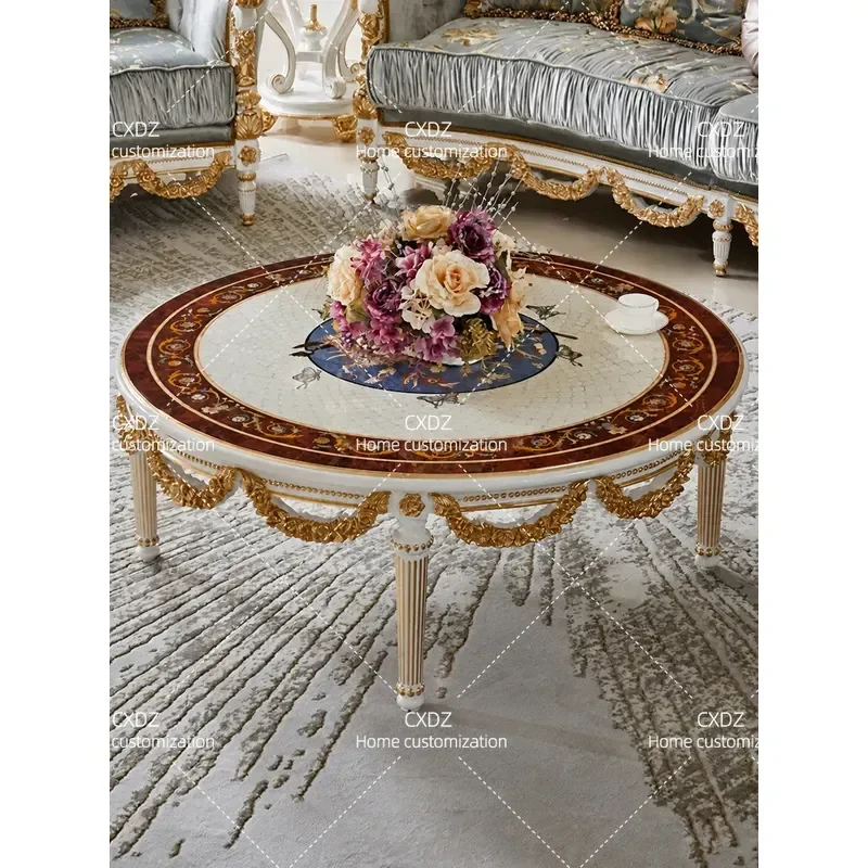 Solid Wood Round Coffee Table Luxury Living Room Tea Table Shell Parquet Wood Surface with Gold Foil Decorative Furniture