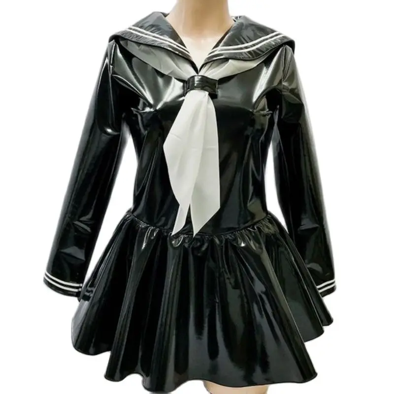 

French Fashion Sexy Adult Customized fetishism Crossdressing PVC Navy Shirt Polo Collar Long Sleeve Ribbon Button Dress