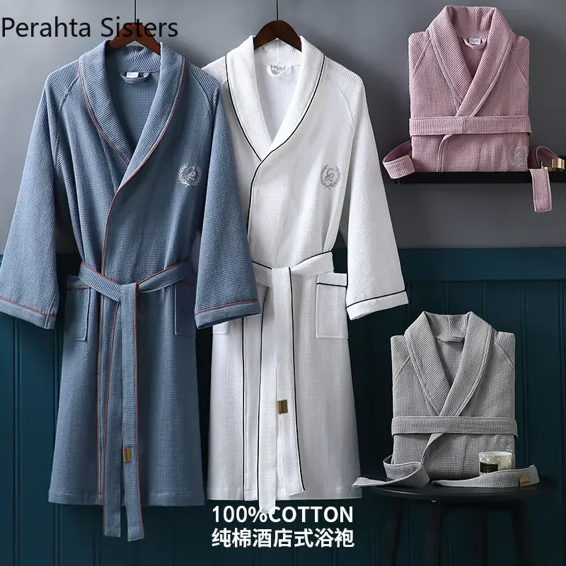 High Quality Hotel Home Waffle Bathrobe For Men Pure Cotton Embroidered Lapel Absent Bath Robe Men's Solid Color Dressing Gown