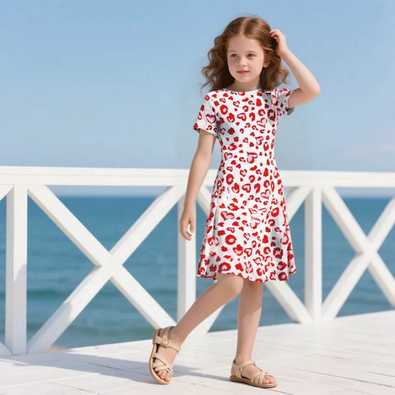 Girls Heart Leopard Print Dress Casual Short Sleeve Midi Summer Outfit Kids Party Princess Clothes 2026 New Style 3