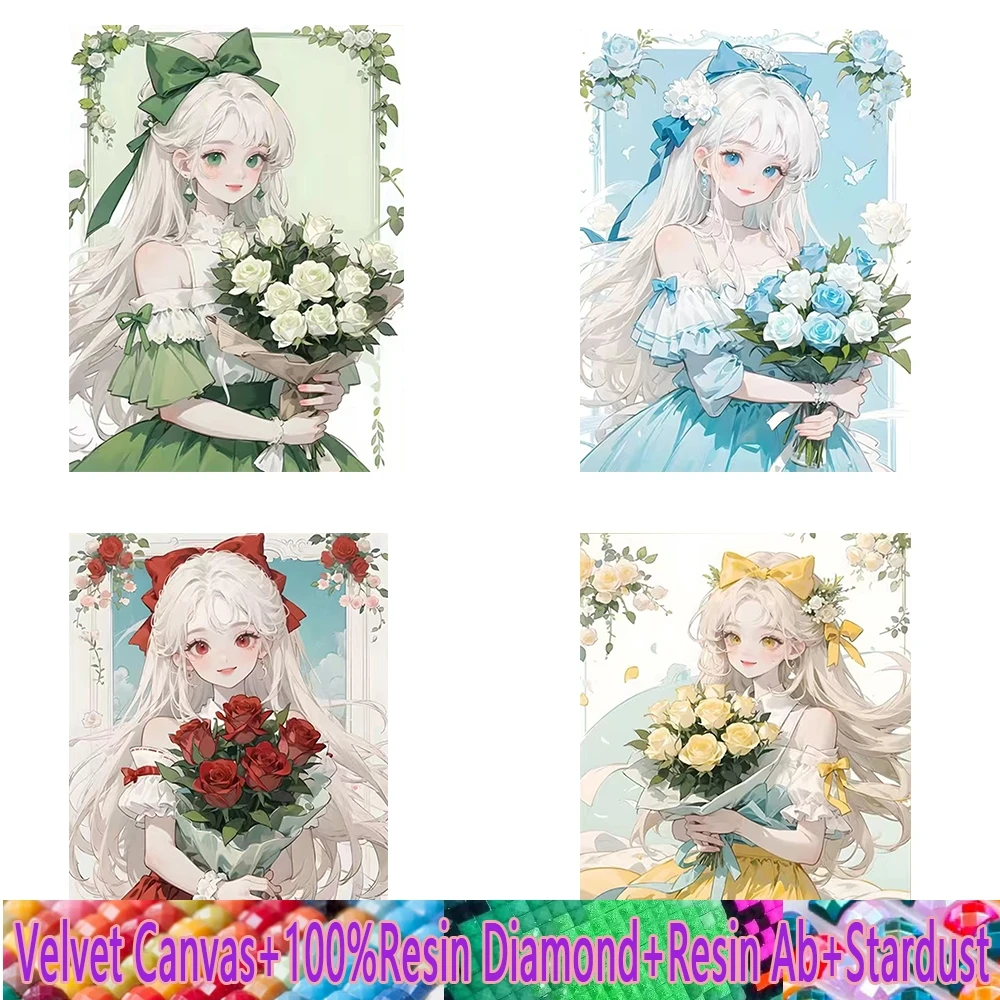 New Bouquet Girl Diy Diamond Painting Handmade Cartoon Student Resin Ab Velvet Canvas Hand-Pasted Bedroom Decoration Gift