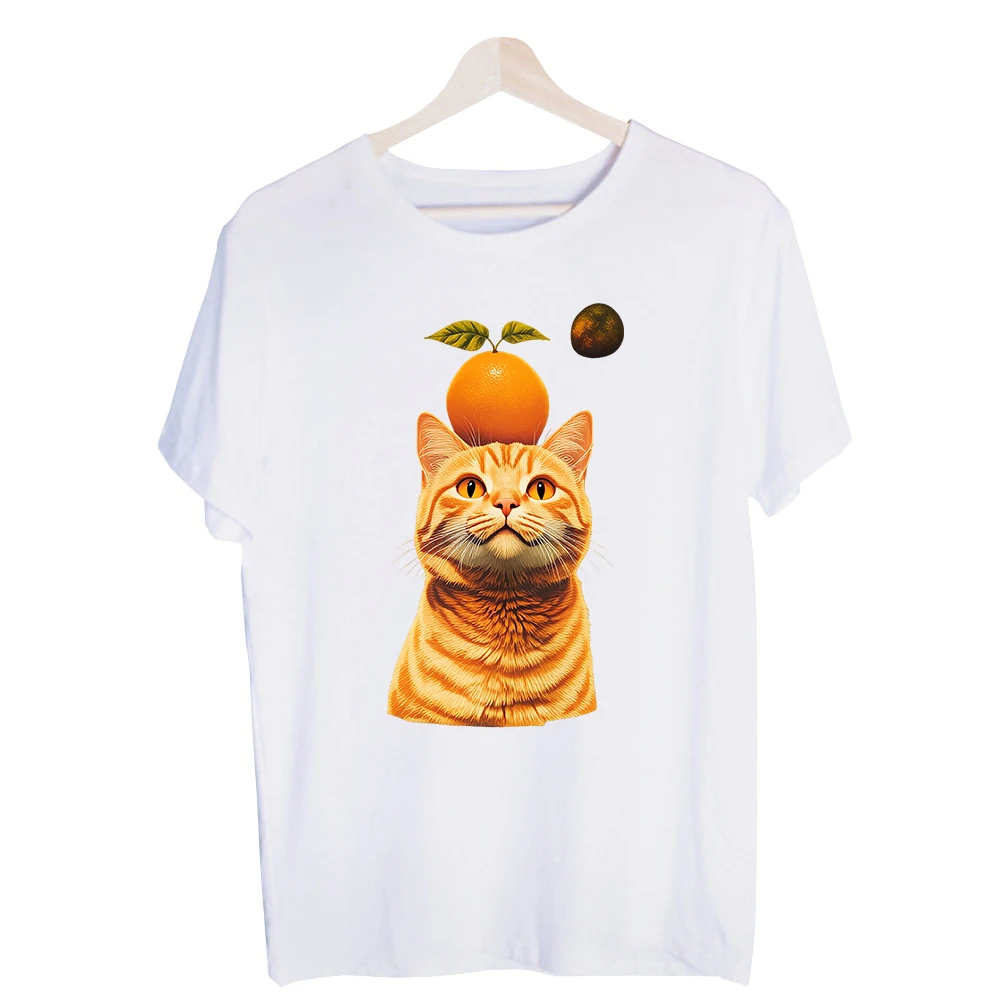 Men's Cat and Orange Fruit Graphic Tee, Short Sleeve Crew Neck T-Shirt for Casual Daily Wear