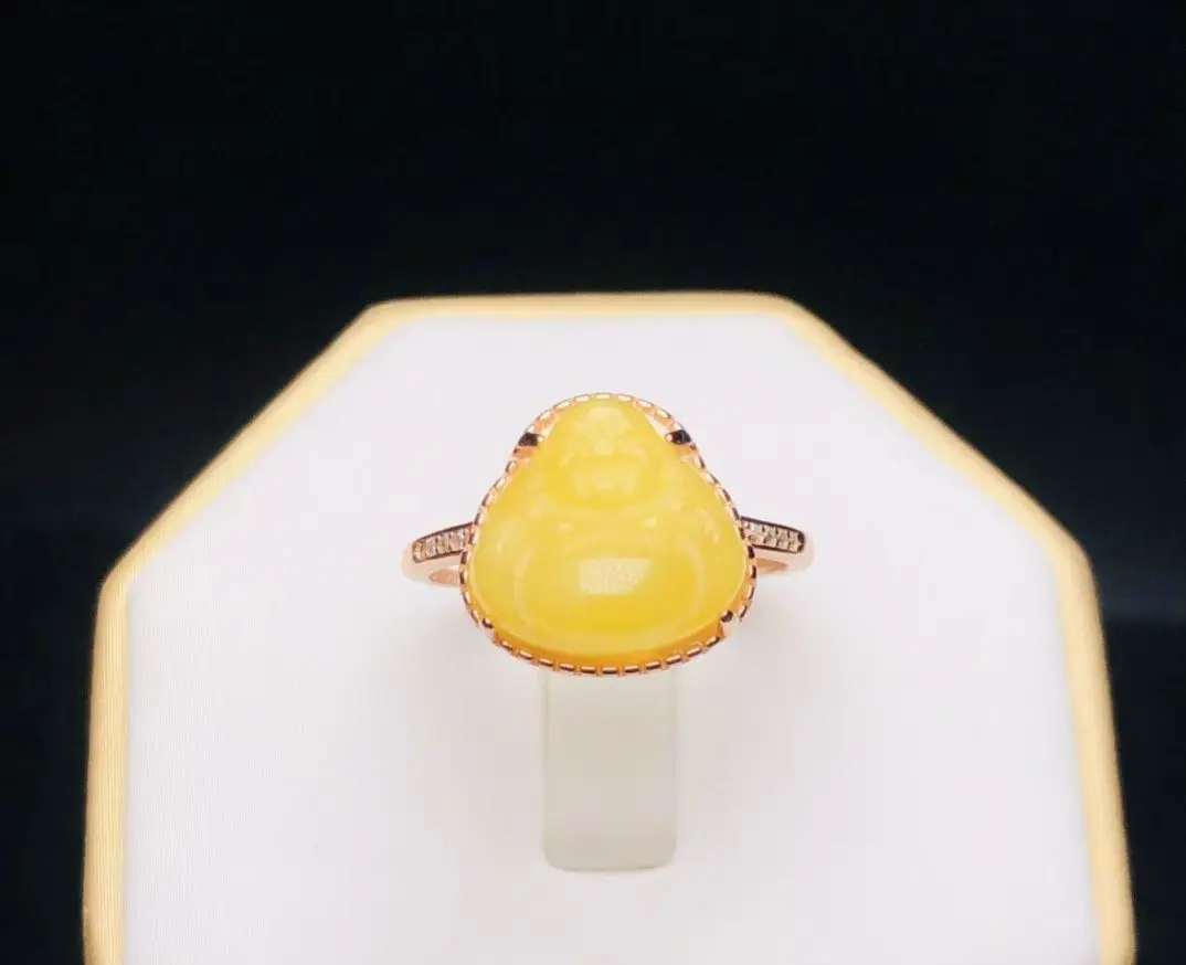 

Unisex 925 Silver Baltic Natural Amber Engraved Buddha Ring Traditional Lucky Blessing Maitreya Pendant Jewelry with Certificate