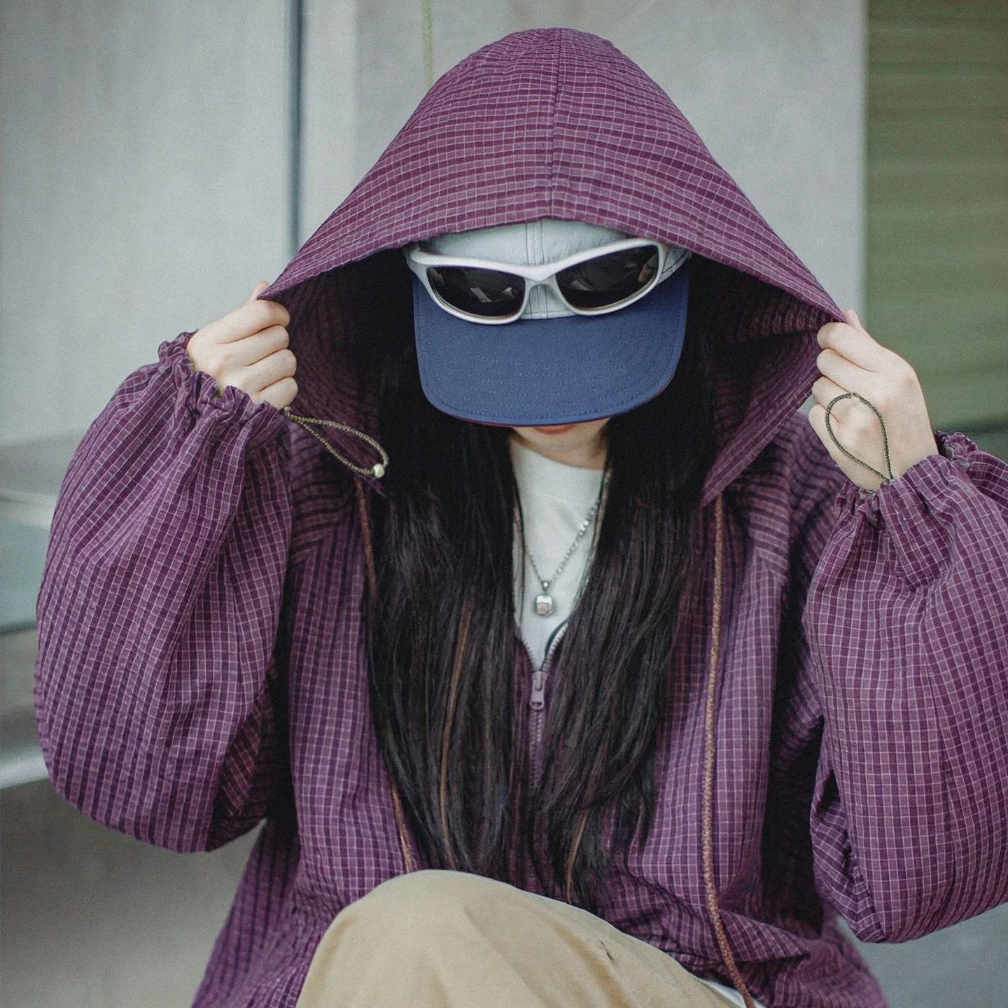 Women's Oversized Half-Zip Hoodie Pullover - Purple Plaid