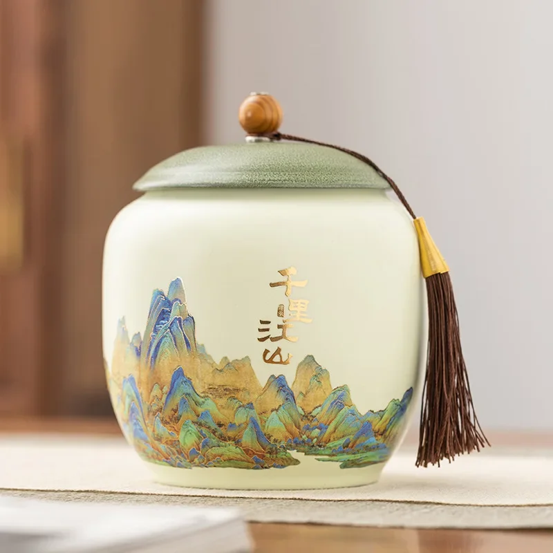 Qianli Jiangshan ceramic tea jar, universal sealed jar, capacity storage tea jar