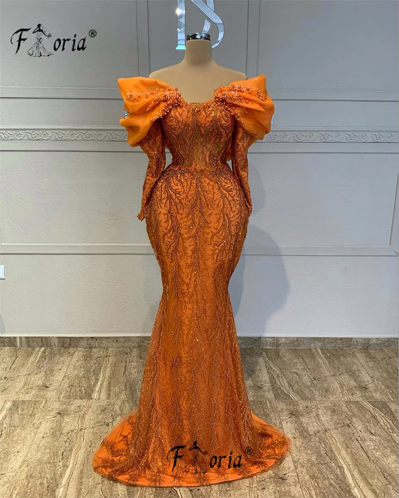 Oranje Off The Sholder Formele Feestjurk Parels Lange Mouwen Dubai Vrouw Zeemeermin Avondjurk Custom Made Kralen Robe De Soiree