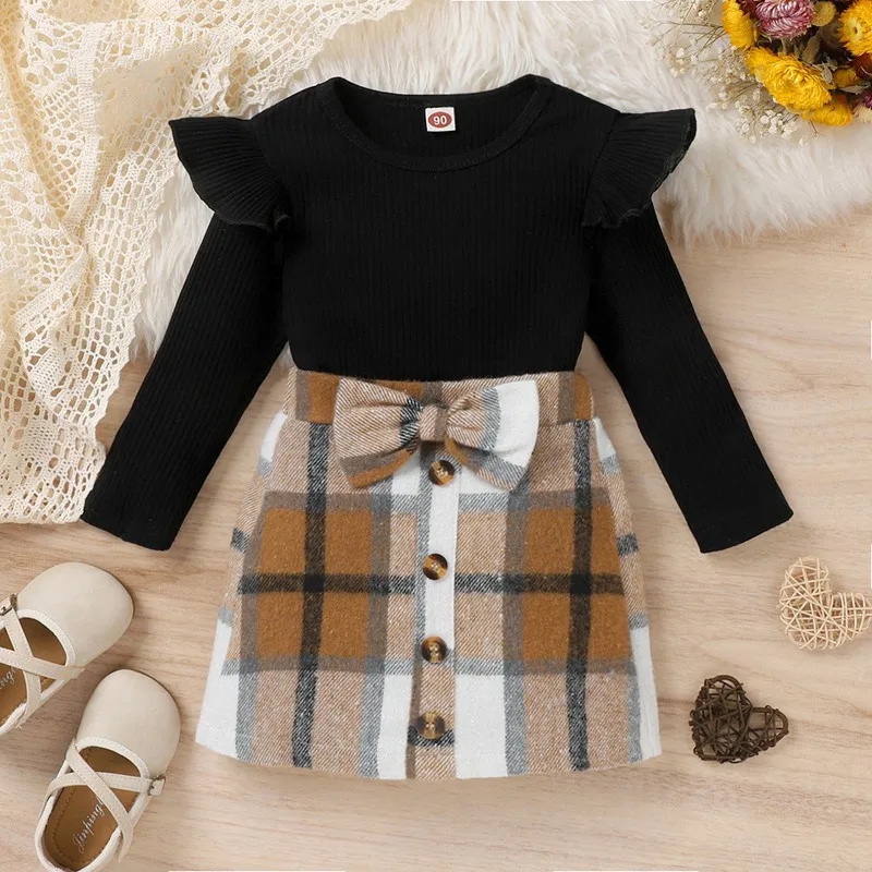 Stylish Seasonal Ensemble: 1-5 Years Girls' Long Sleeve Top with Flutter Sleeves + Checkered Skirt