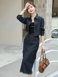 Autumn Vintage Denim Suits Fashion Long Sleeve Pocket Short Jean Coats+High Waist Back Split Skirts 2 Pieces Sets