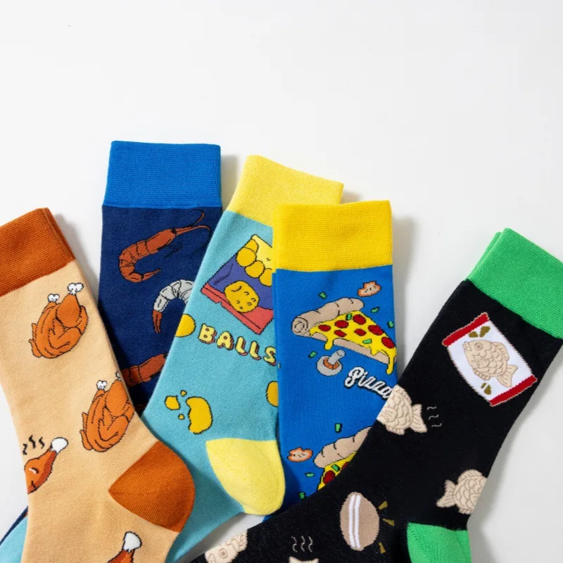 1pair Men Breathable Street Fashion Personality Cake chicken bread pizza shrimp print Business Casual Hip Hop food Socks