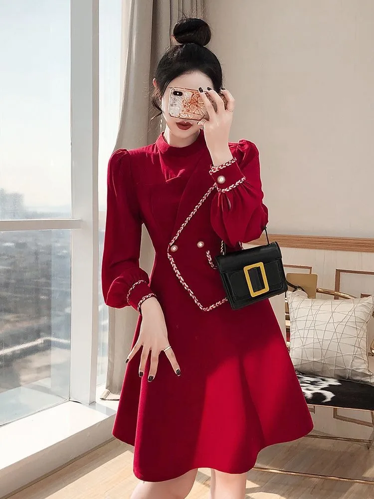 Lnsozkdg 2024 Fashion Patchwork Irregular Red Dress Women Dresses Autumn Temperament Waist A-Line Elegant Lady Party Mini Dress