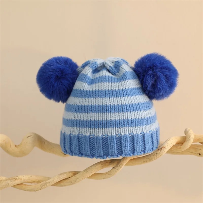 Kids Knit Hat Cute Plush Balls Soft Thickened Striped Beanie Warm Winter Cap for Girls Boys