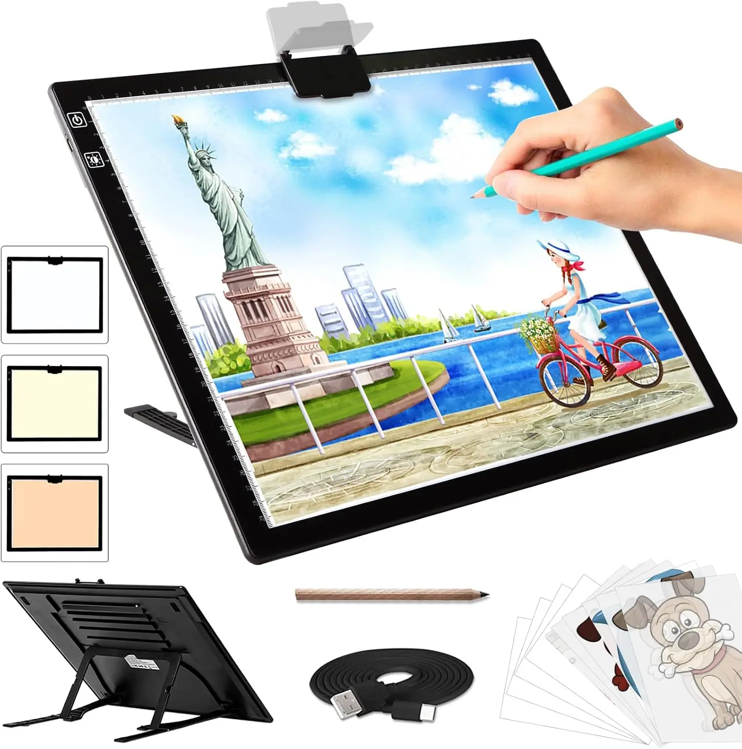 

Rechargeable A3 Light Pad with Stand, 3 Colors & Dimmable Brightness for Diamond Painting and Tracing