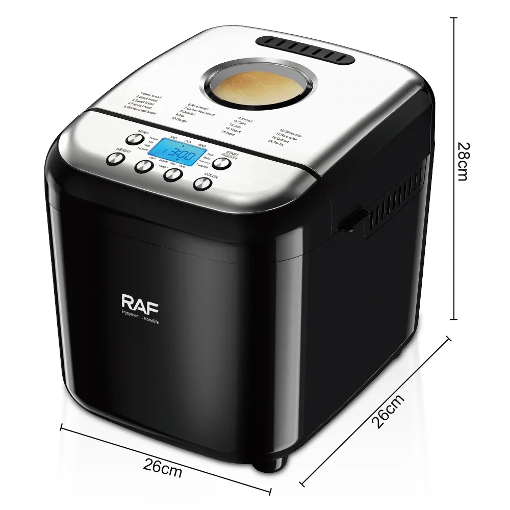 RAF Popular Multifunctional Automatic LCD Non-stick Bread Pan Bread Maker Machine For Home With Large Glass Viewing Window