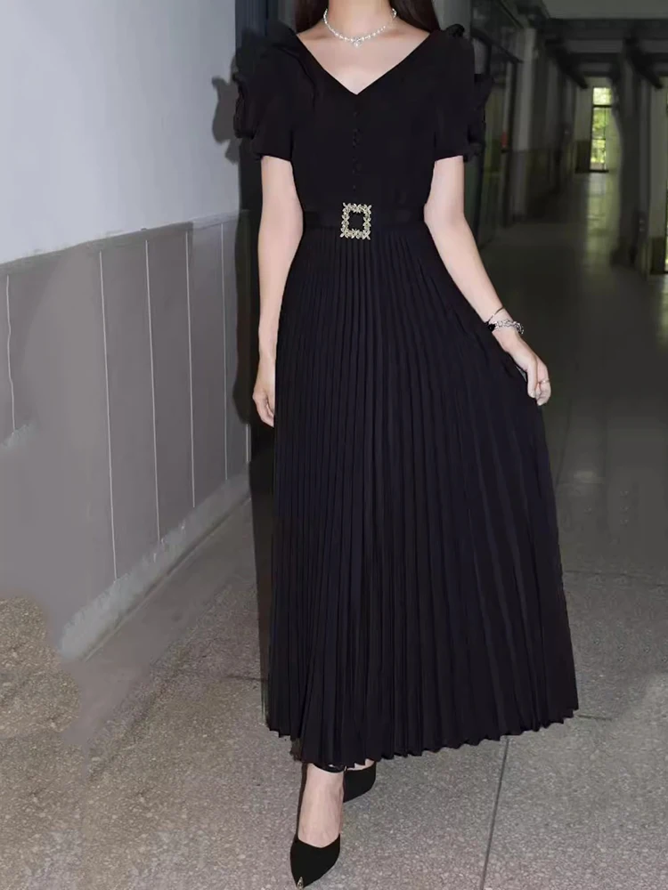 

Elegant Splicing 3D Flowers Dresses Spring Women Wrinkle with Belt Diamonds Dress New Summer High Waist V Neck Knee Length Dress