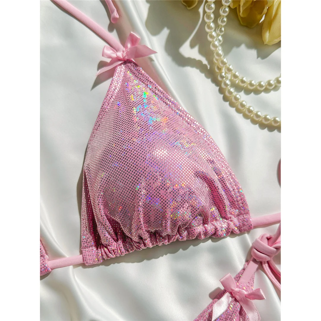 Glitzernder, funkelnder Neckholder-Bikini, Damen-Badebekleidung, zweiteiliger Bikini-Set, Badeanzug mit hohem Beinausschnitt, Badeanzug, Schwimmanzug V7269 – Detail 8