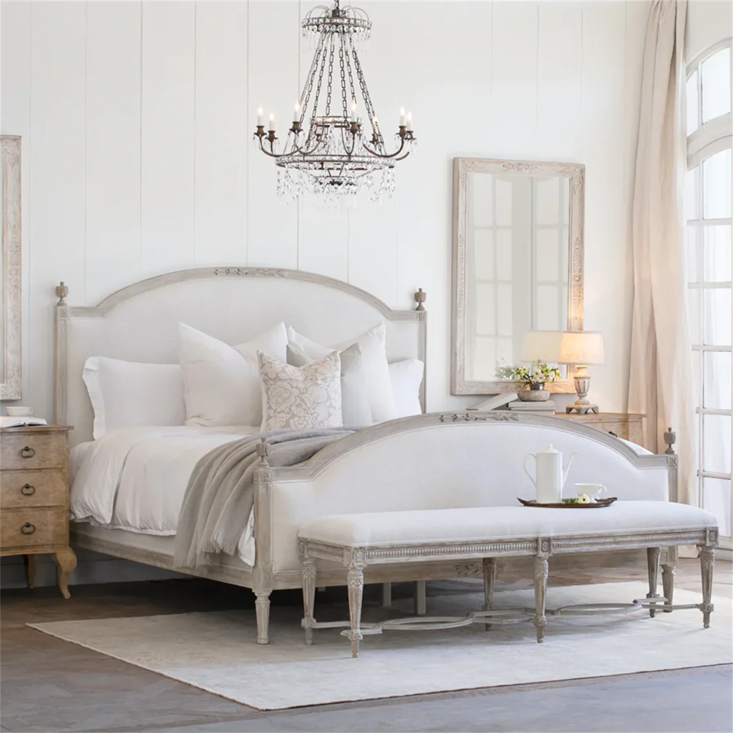 

sg-Contemporary Design Solid Wood Wall Bed French Countryside Style Weathered White Finish Bedroom Furniture White Linen%