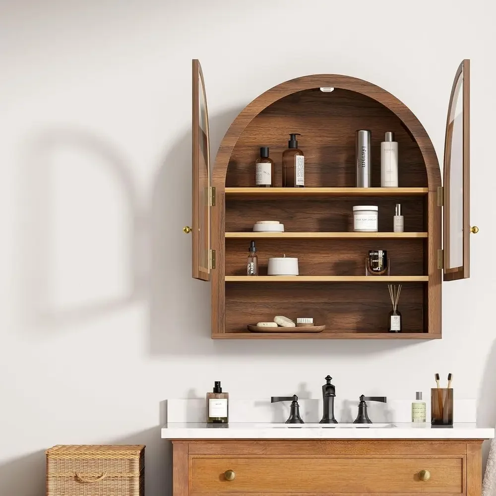 Elegant Arched Wall Cabinet with Open Shelves, Wood Bathroom Storage with Clear Acrylic Door, Adjustable Shelf Hanging Cabinet i view 6