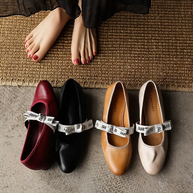2026new spring autumn women pumps natural leather 22-26cm  washed cowhide+pigskin round toe strap mary janes women shoes fashion
