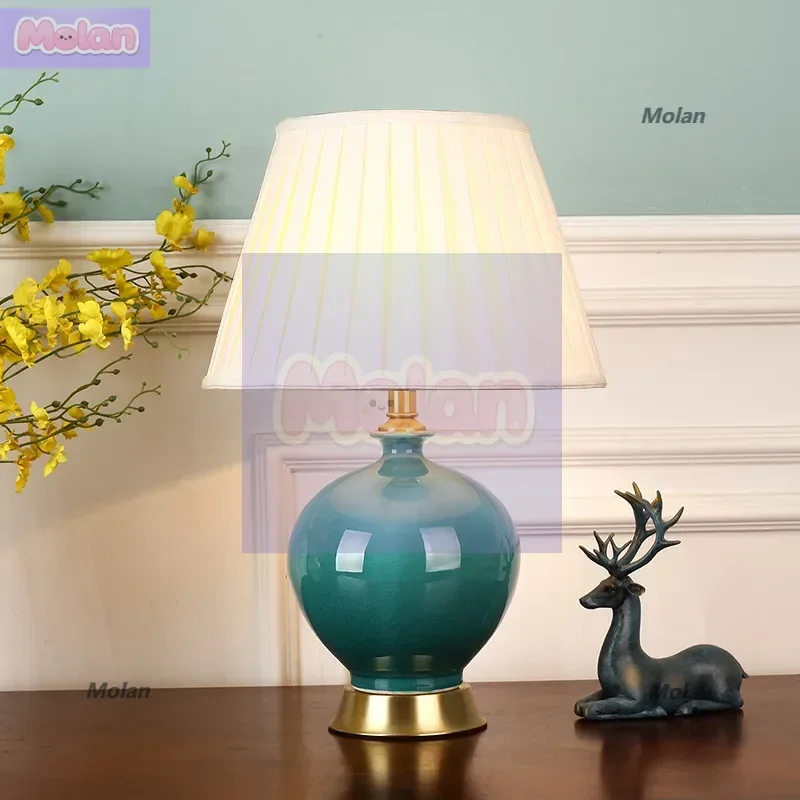 

Ceramic bedroom table lamp Warm bedside lamp Wedding room All copper American decorative living room table lamp Chinese table la