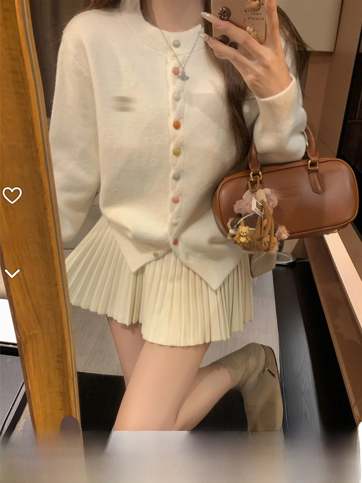 

Sweet Dopane Single-Button Open Cardigan Sweater Women's round Ne Knitted irt Buttons Soft College Sle