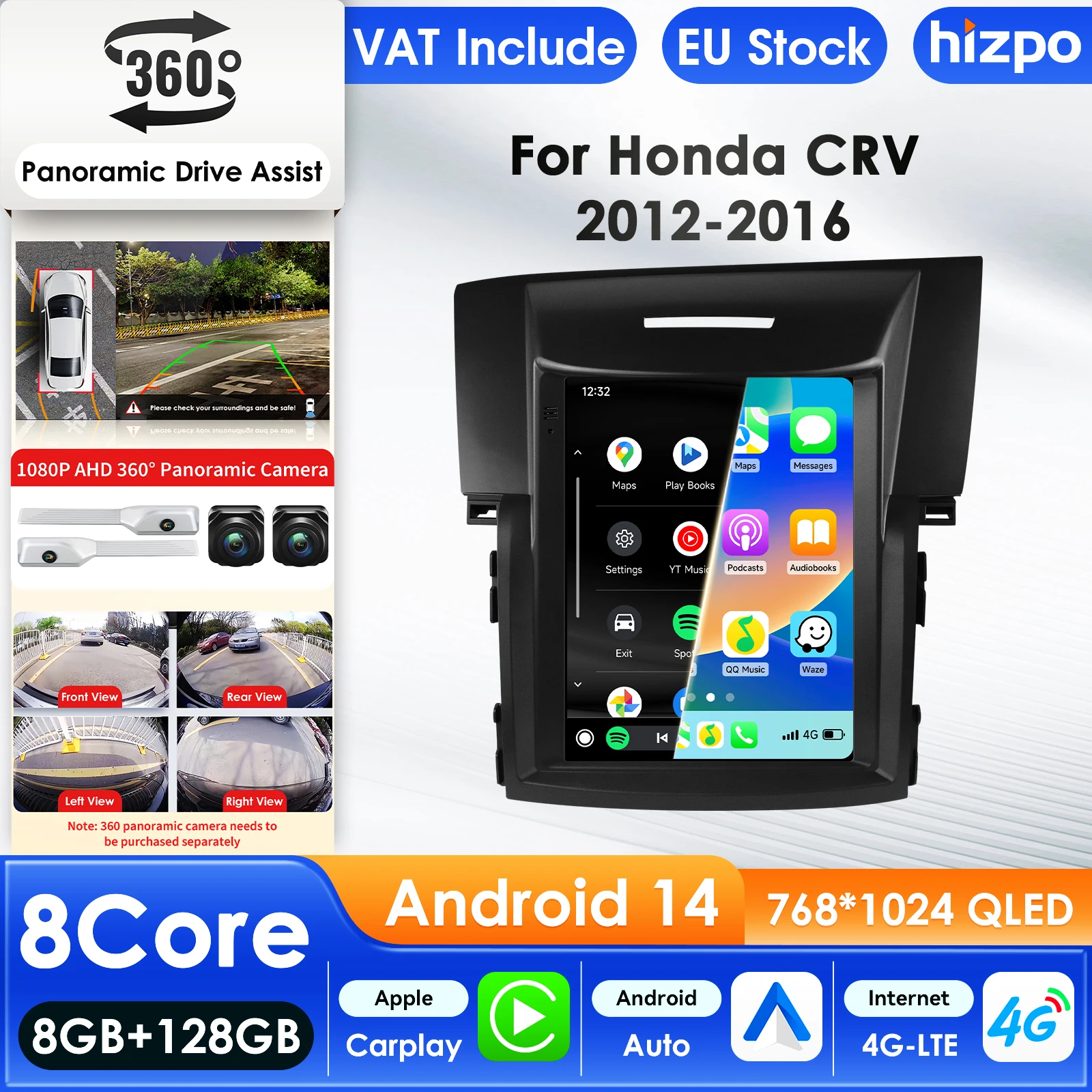 Reproductor Multimedia para Auto Hizpo 9.7 con Android 14 para Honda CRV CR-V 2012-2016, GPS, Carplay, 4G, WIFI, SWC, BT, FM, RDS, Cámara 360