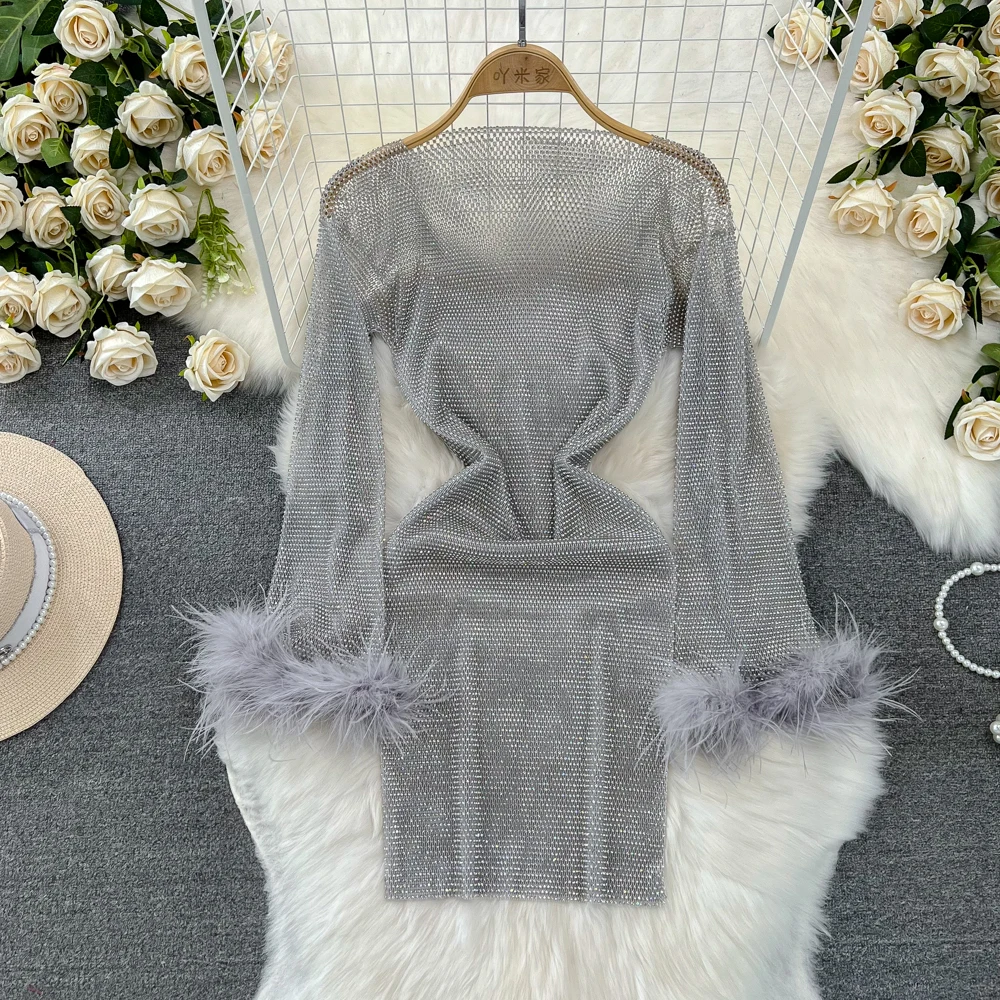 

Round Neck Feather Top Long Sleeves Crystal Rhinestone Mesh Diamond Ostrich Feather Hollow Perspective Bling Dress