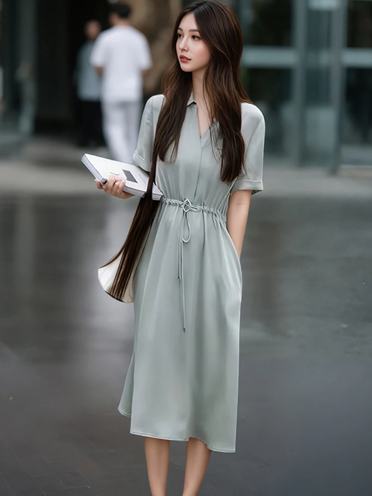 Vestido largo ajustado con lazo liso para mujer, vestido de oficina con cuello tipo Polo de manga corta, Vestidos coreanos elegantes de lujo 2025