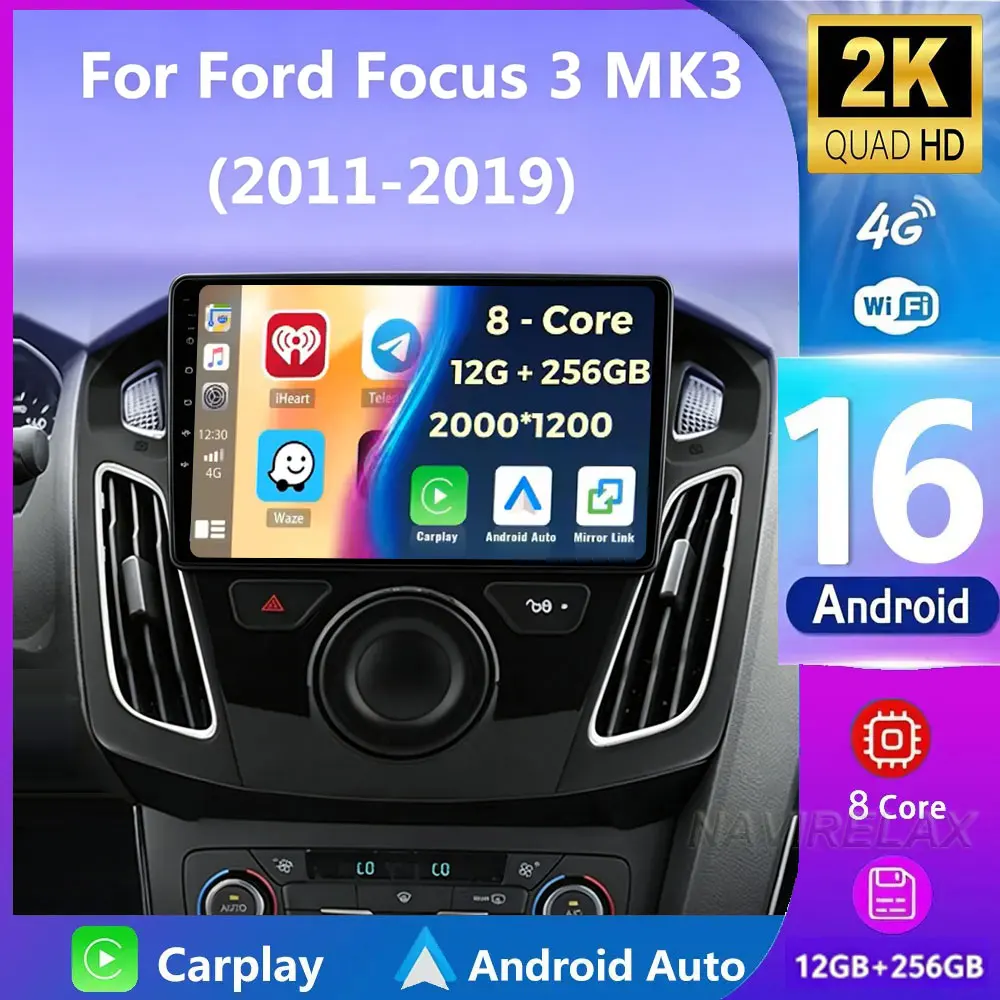Für Ford Focus 3 Mk 3 2011 2012 2013 2014-2019 Android 16 Multimedia-Headunit Carplay Auto-Player GPS Stereo Navigation Auto