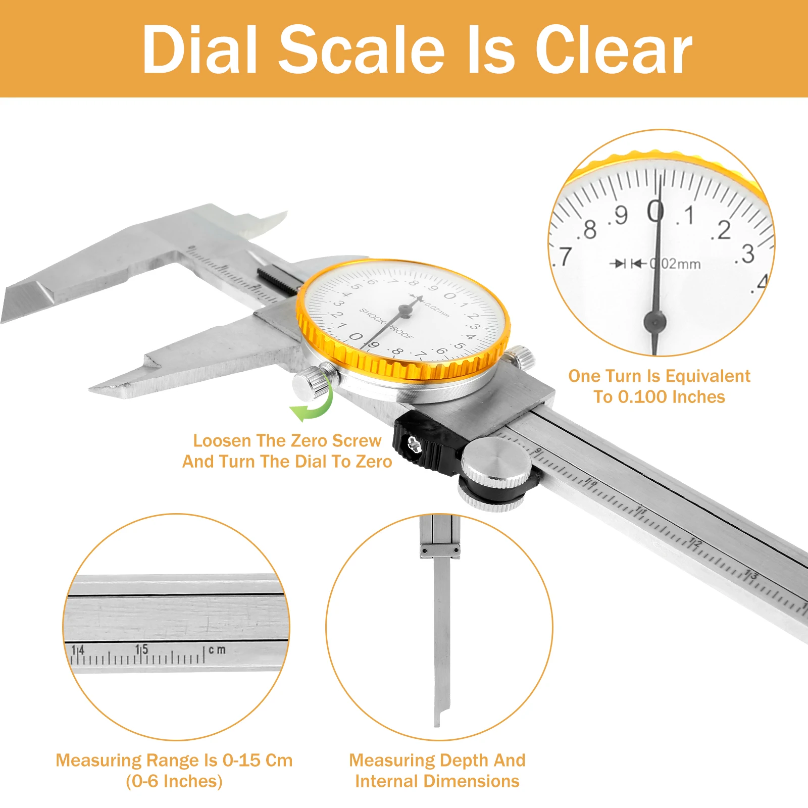 Dial Caliper 6 Inch Stainless Steel Vernier Caliper High Precision Inside Outside Diameter Depth Calipers Measuring Tools