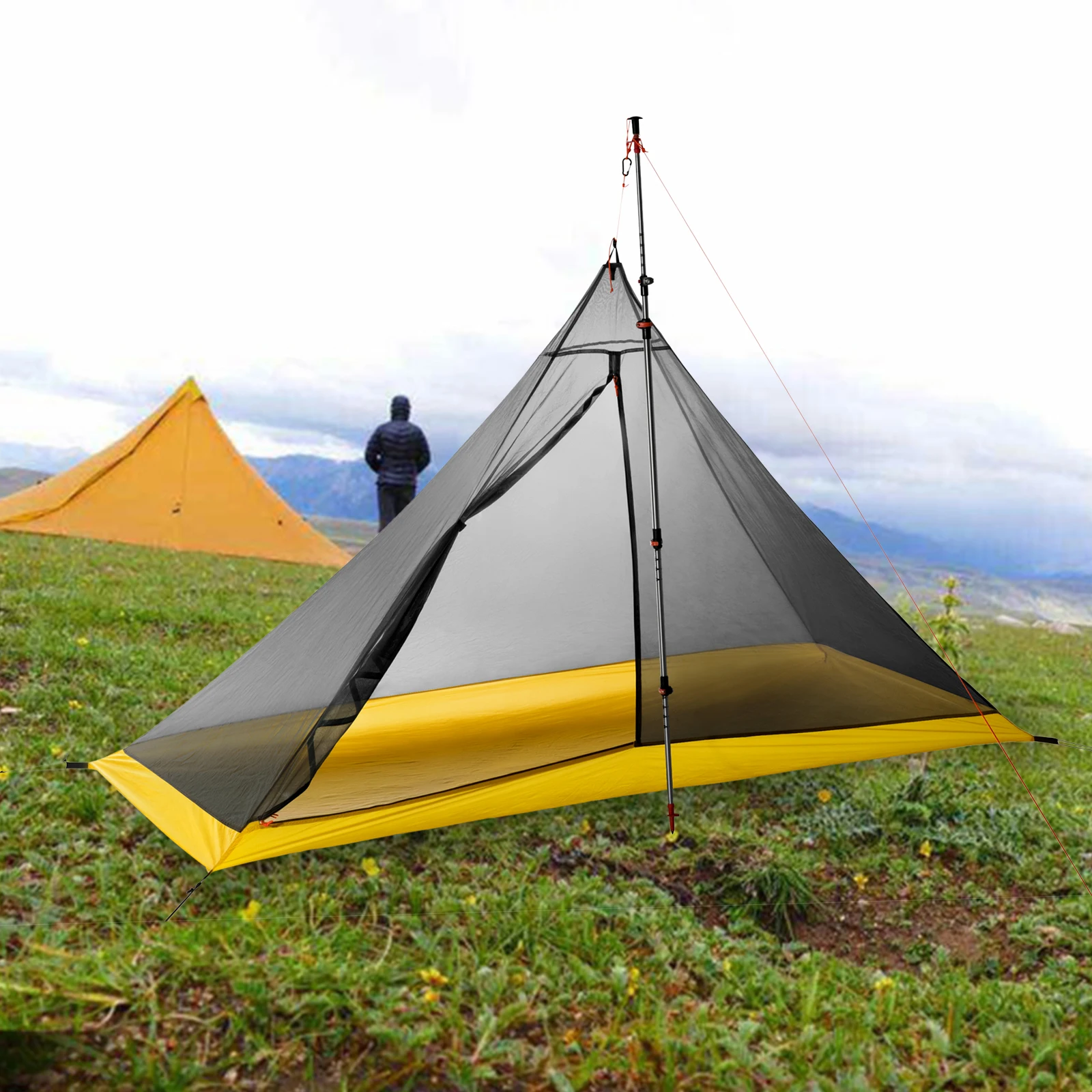 550g Ultralight Outdoor 3 Season Mesh Camping Inner Tent 40D Nylon Silicon Coated Floor Tent Rodless Pyramid Large Tent 2 Person