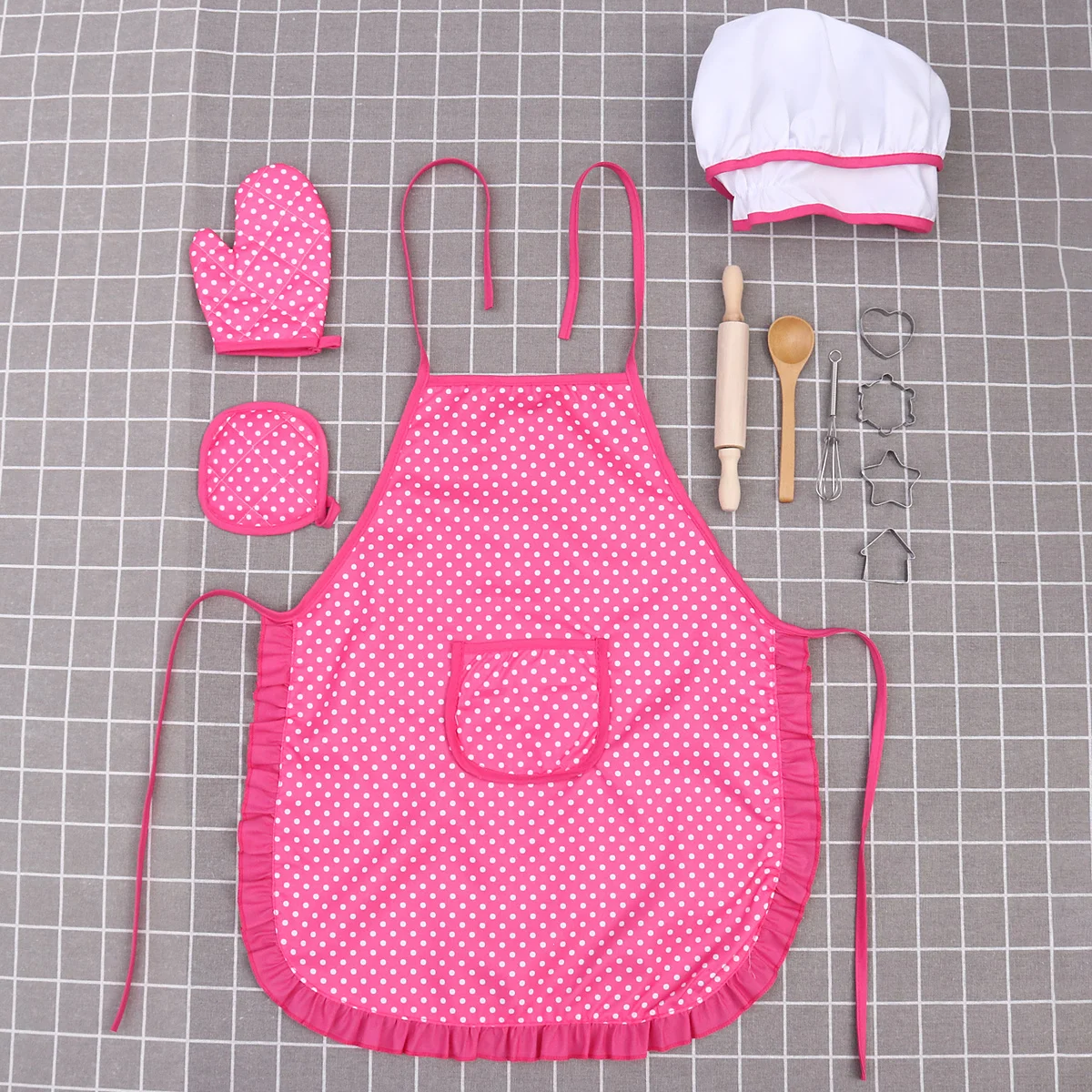 11Pcs Kids Kitchen Gift Playset Pink Apron Hat Mitts Cooking Tools Kitchen Gift Cooking Mitt