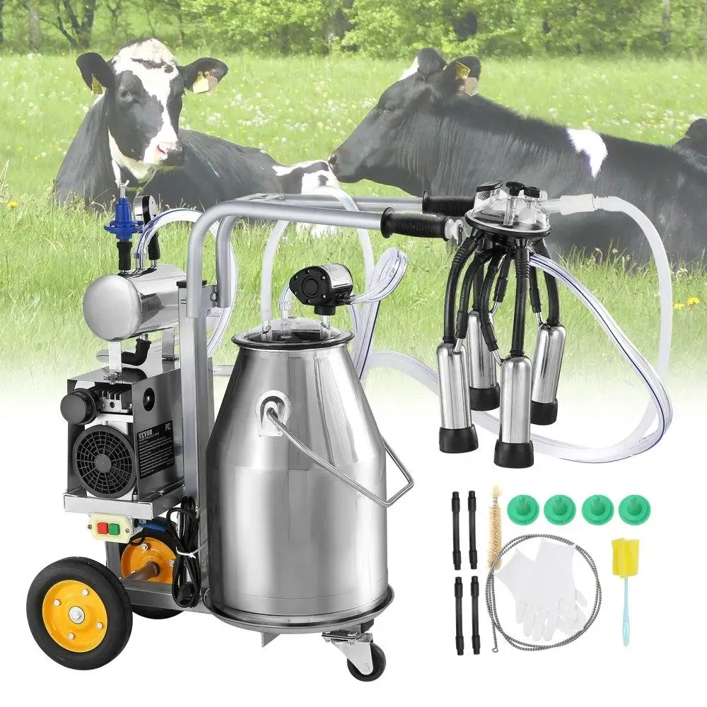 

Electric Cow Milking Machine 6.6 Gal 25L Stainless Steel Bucket Automatic Pulsation Vacuum Milker Portable with Silicone Cups