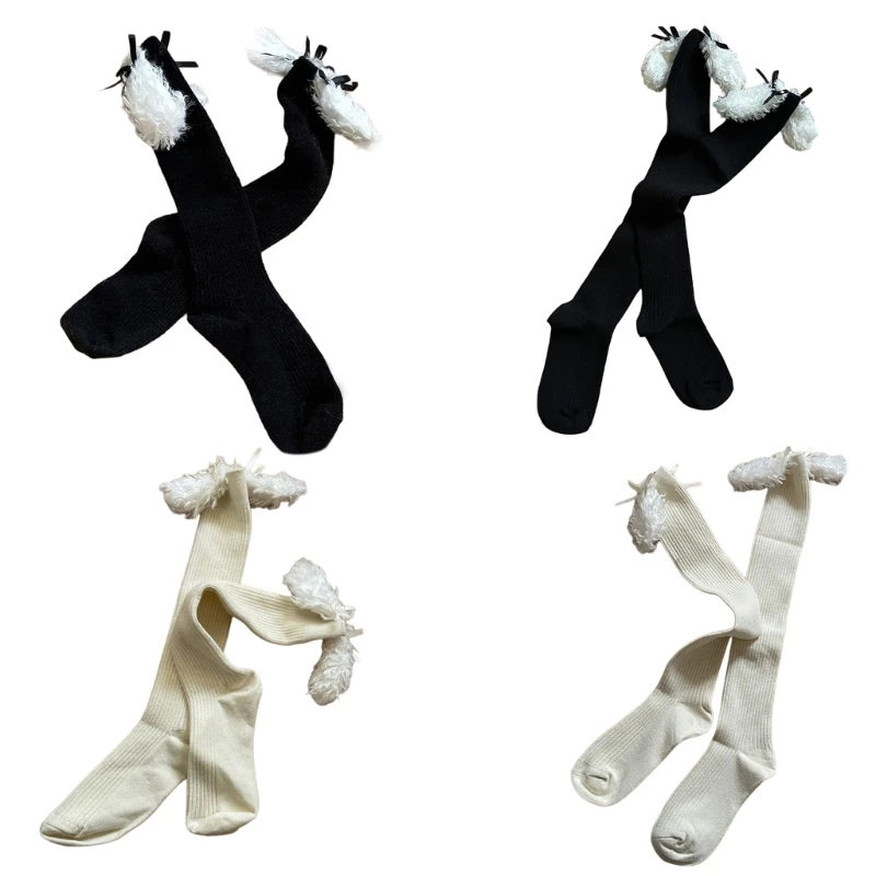 Women's Over Knee Ribbed Wool Long Socks 3D Plush Ear Bows Thigh High Stockings