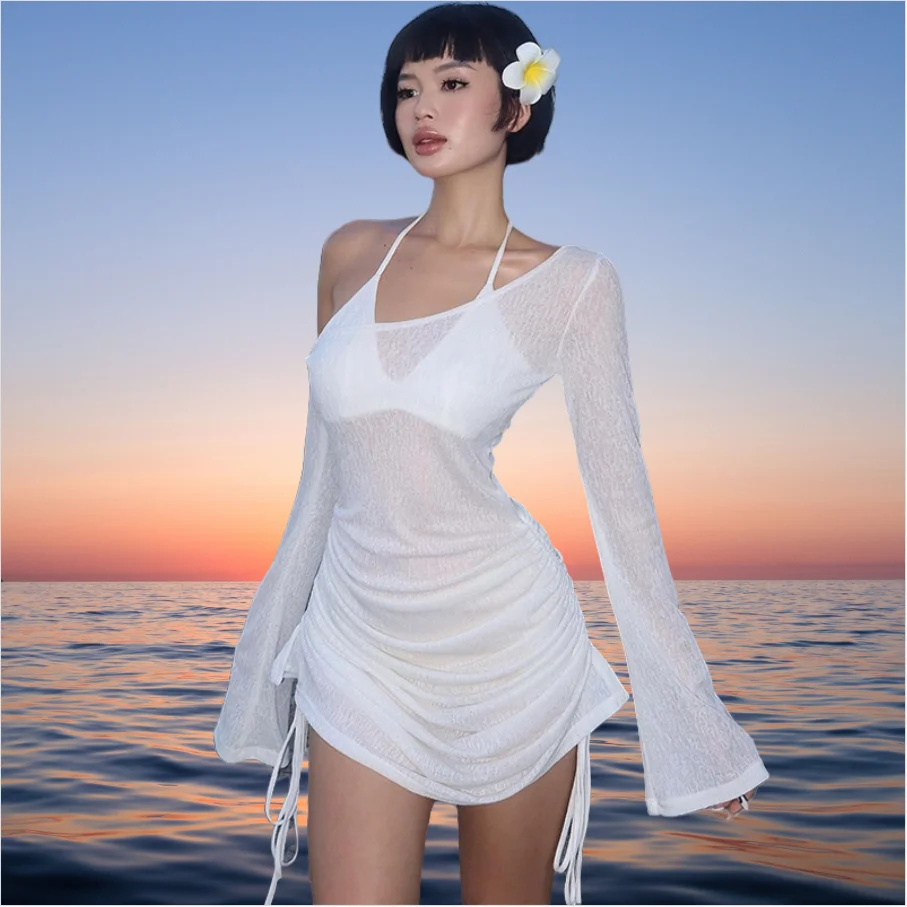 2025ฤดูร้อนผู้หญิงSkew Collar Lace-Up Ruchedดูผ่านชุดมินิแขนยาวBackless Clubwearปาร์ตี้ค็อกเทลชุดราตรี