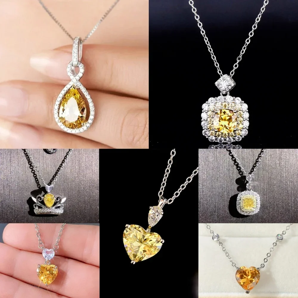 2024 Elegant Women\'s Exquisite Pendant Necklace with Bright Yellow Cubic Zirconia Statement Jewelry Engagement Accessories