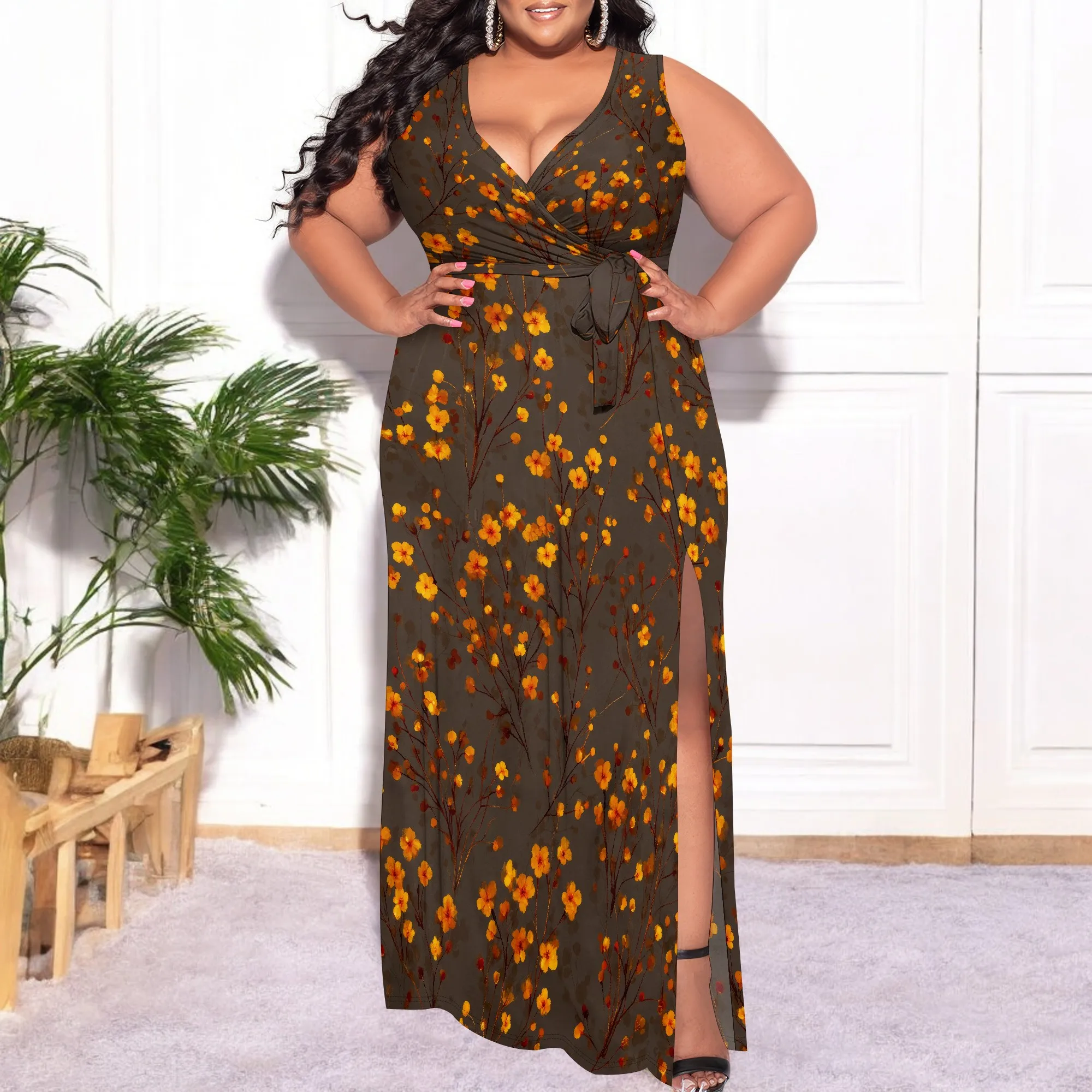 

Women's Plus Size Cold Shoulder Tropical Print V Neck Flared A Line Long Dress