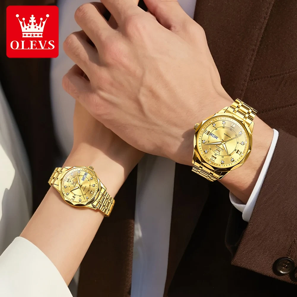 ساعة OLEVS للأزواج ماركة فاخرة جميع الساعات الميكانيكية الأوتوماتيكية الأصلية الأنيقة الماسية الرومانسية للرجال والنساء سوار للزوجين