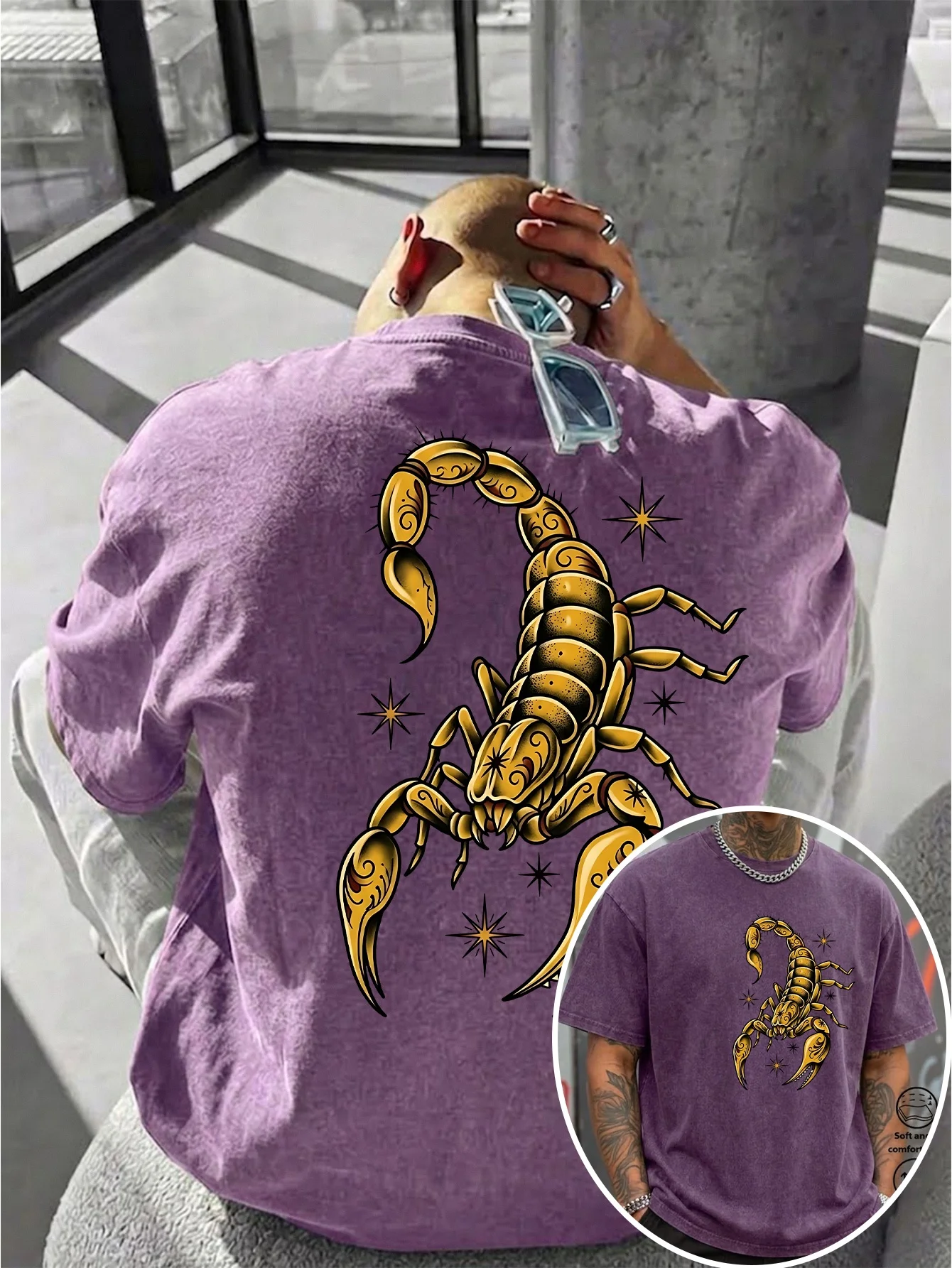 Men Double Sided Vintage Washed T Shirt Old School Tattoo Scorpion Print 100% Cotton Breathable Retro Street Casual Short S-3XL