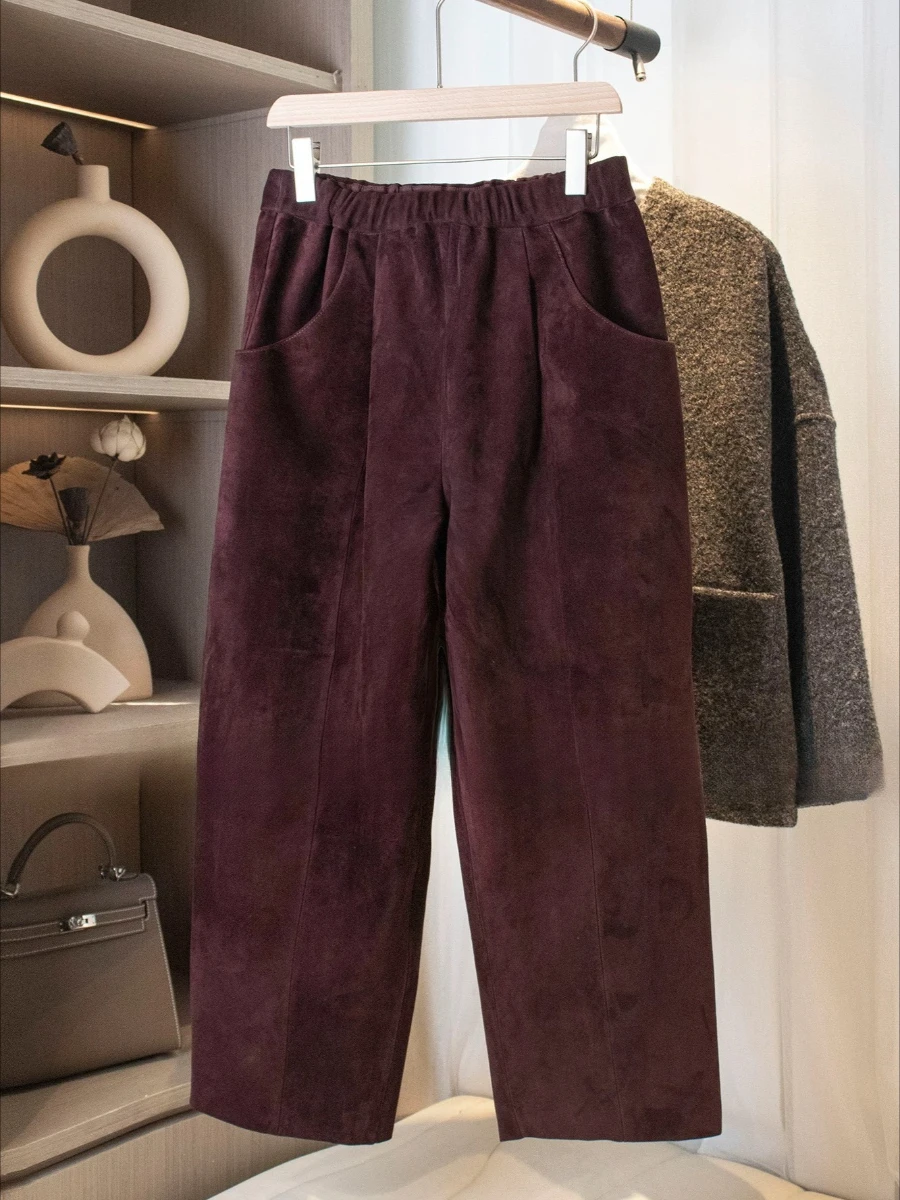 

Retro Burgundy Leather Ankle-Length Pants Women Elastic Waist Suede Sheepskin Wide Leg Length Straight Cylinder Trousers