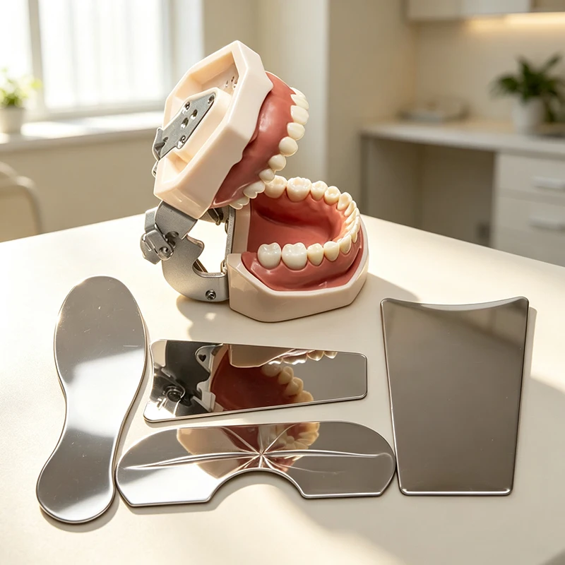 High temperature sterilized multi shaped stainless steel dental reflector plate, used as a clinical oral photography tool