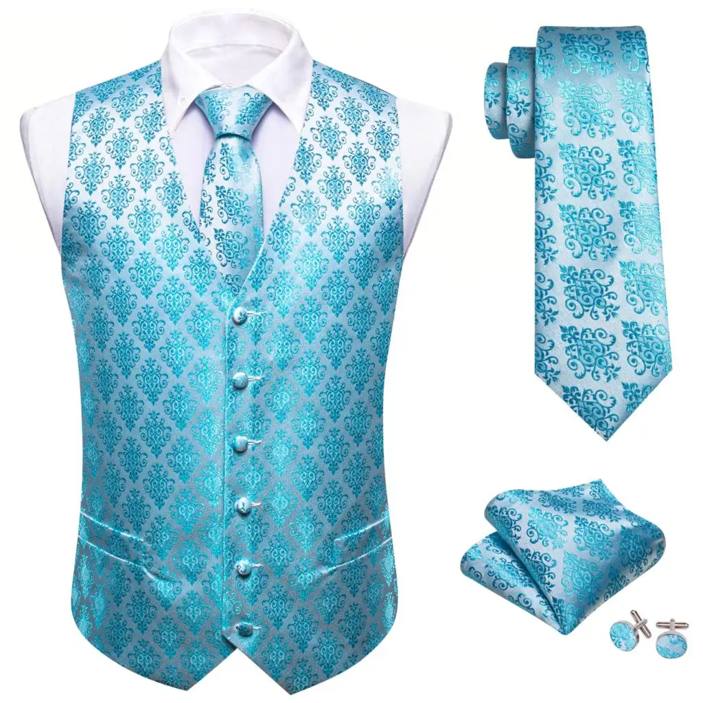 Elegant Vest for Men Waistcoat Tie Set Silk Blue Silver Wedding Groom Formal Male Dress Suits Man Gilet Sleeveless Barry Wang