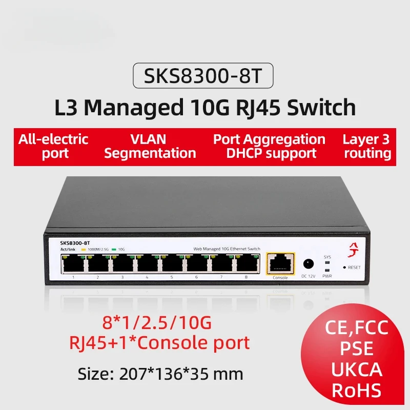3 управляемых коммутатора Ethernet, 8 полных портов RJ45 10G, поддержка статической маршрутизации/деления VLAN, вентилятор с регулируемой температурой