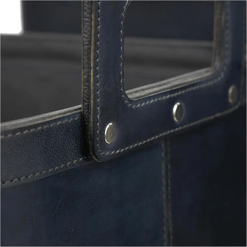 Set of 2 Dark Blue Leather Storage Baskets with Handles, 19 x 17
