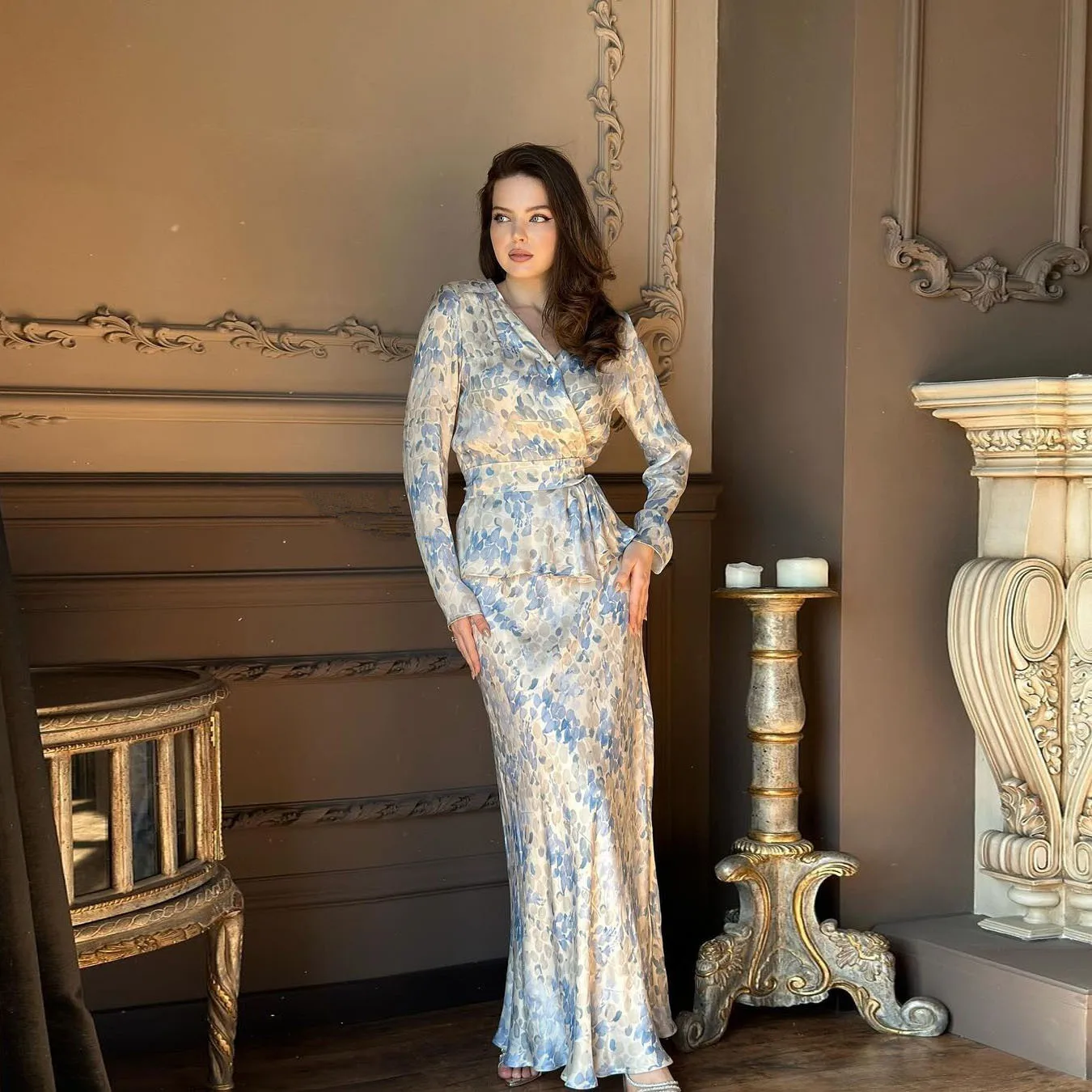 

2025 модная рубашка и юбка с принтом, повседневный комплект, элегантные вечерние платья с длинными рукавами и v-образным вырезом, темпераментная женская юбка на шнуровке «рыбий хвост»