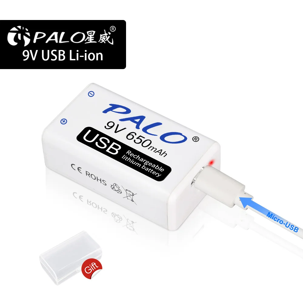 

PALO 9V Rechargeable Li-Ion Battery 6F22 9V USB Charging Lithium 9V Battery For metal Detector KTV Microphone Toy Multimeter