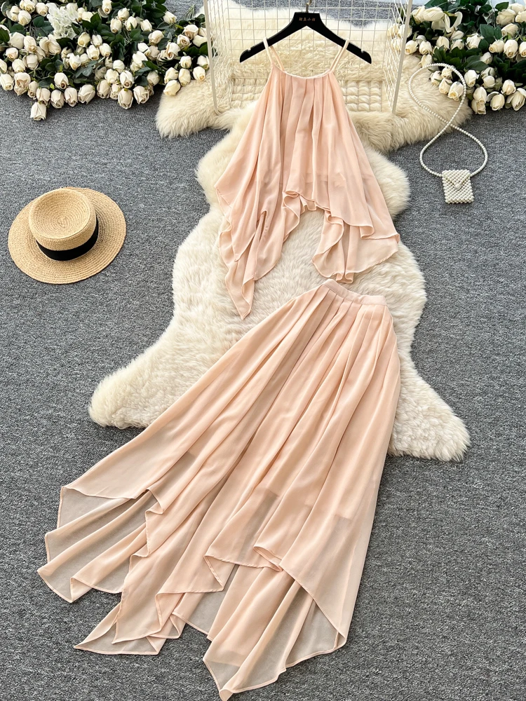 

Vaion Sle асимметричная юбка с высокой талией и топ для женщин, летний комплект из двух предметов для поездок на работу и атмосферы неравномерного комплекта из двух предметов