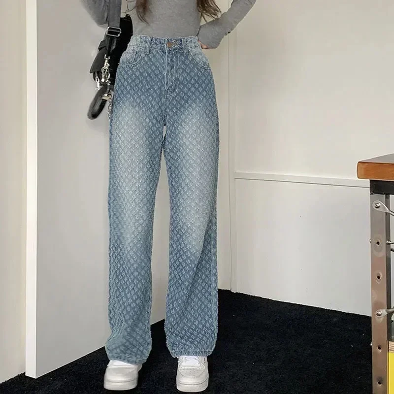 Women Vintage Denim Pants High-Waist Trousers Hollow Ripped Party Club Loose Straight Jeans Bottoms 90s Aesthetic Streetwear