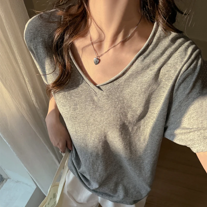 Summer Thin Rolled-up V-neck T-shirt Women Loose Breathable Short Sleeve Tees Woman Solid Cotton Blend Casual Oversized T-shirts
