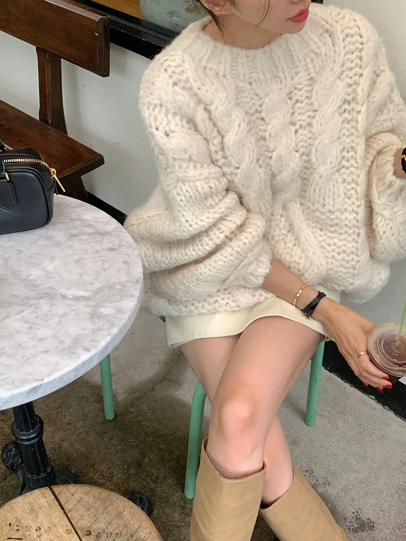 

Thi вязаный свитер с витой веревкой и иглами, женское свободное пальто для ленивых, осенне-зимняя теплая хлопковая вязаная верхняя одежда