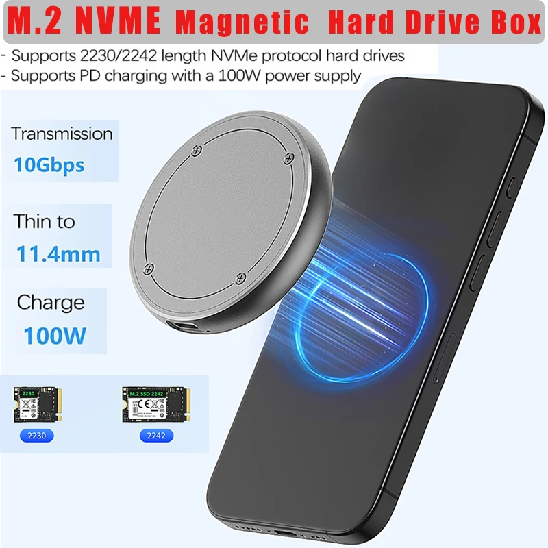 Magnetic Hard Drive Box for iPhone15 Pro Max M.2 2230 2242 NVMe SSD Enclosure 10Gbps USB C 3.2 Gen2 to NVMe PCI-E PD 100W Charge